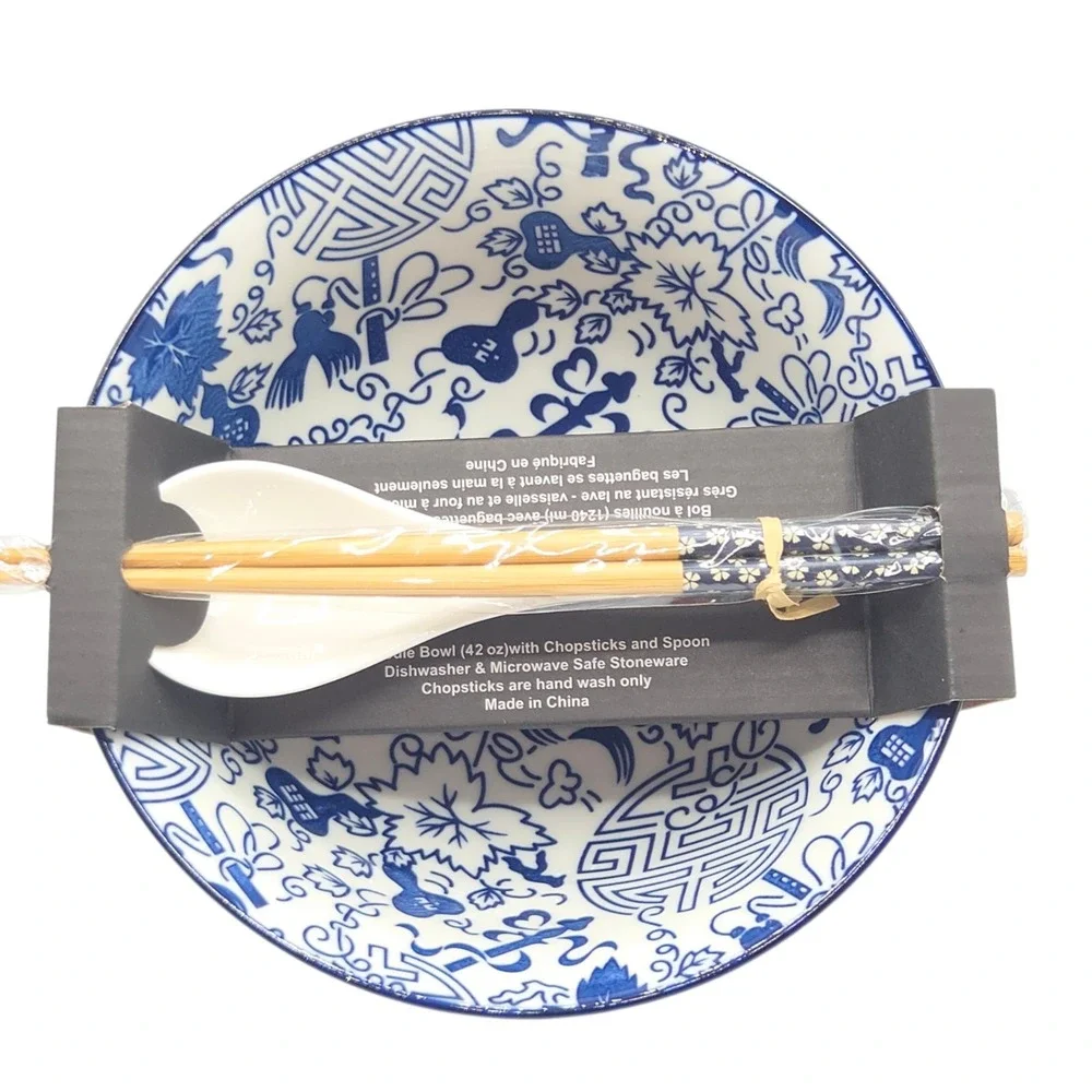 SH Home 42oz Blue Ceramic Ramen Noodle Soup Bowl Chopsticks Spoon Chinese Motifs